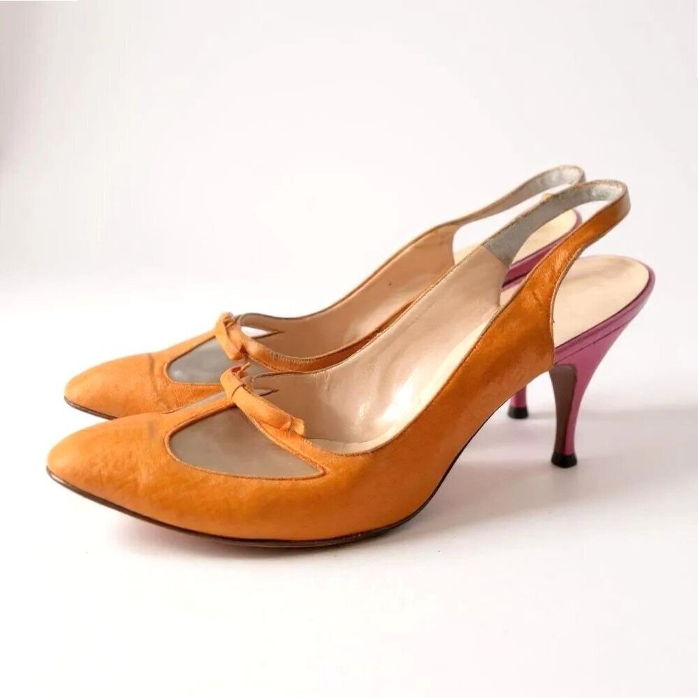 Vintage Saks Fifth Avenue Slingback Heels | Orange Pink Satin | Clear Vinyl Inse